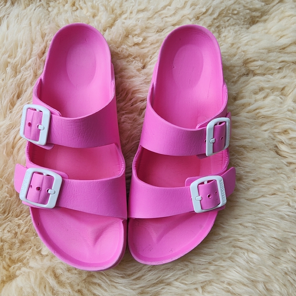 Birkenstock Pink Double Strap Slide Sandals with White Buckles